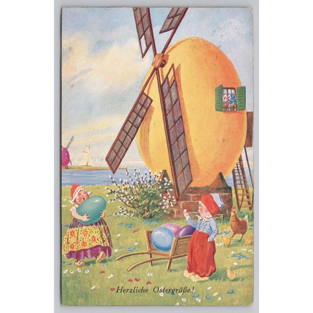 Vintage German Easter Postcard c.1920s Children Smoking Pipe Egg House Windmill
